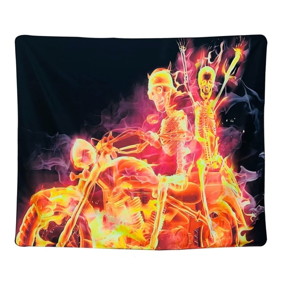 Black Light Skull Psychedelic Tapestry Flame Skeleton UV Reactive Wall Décor - Picture 1 of 14